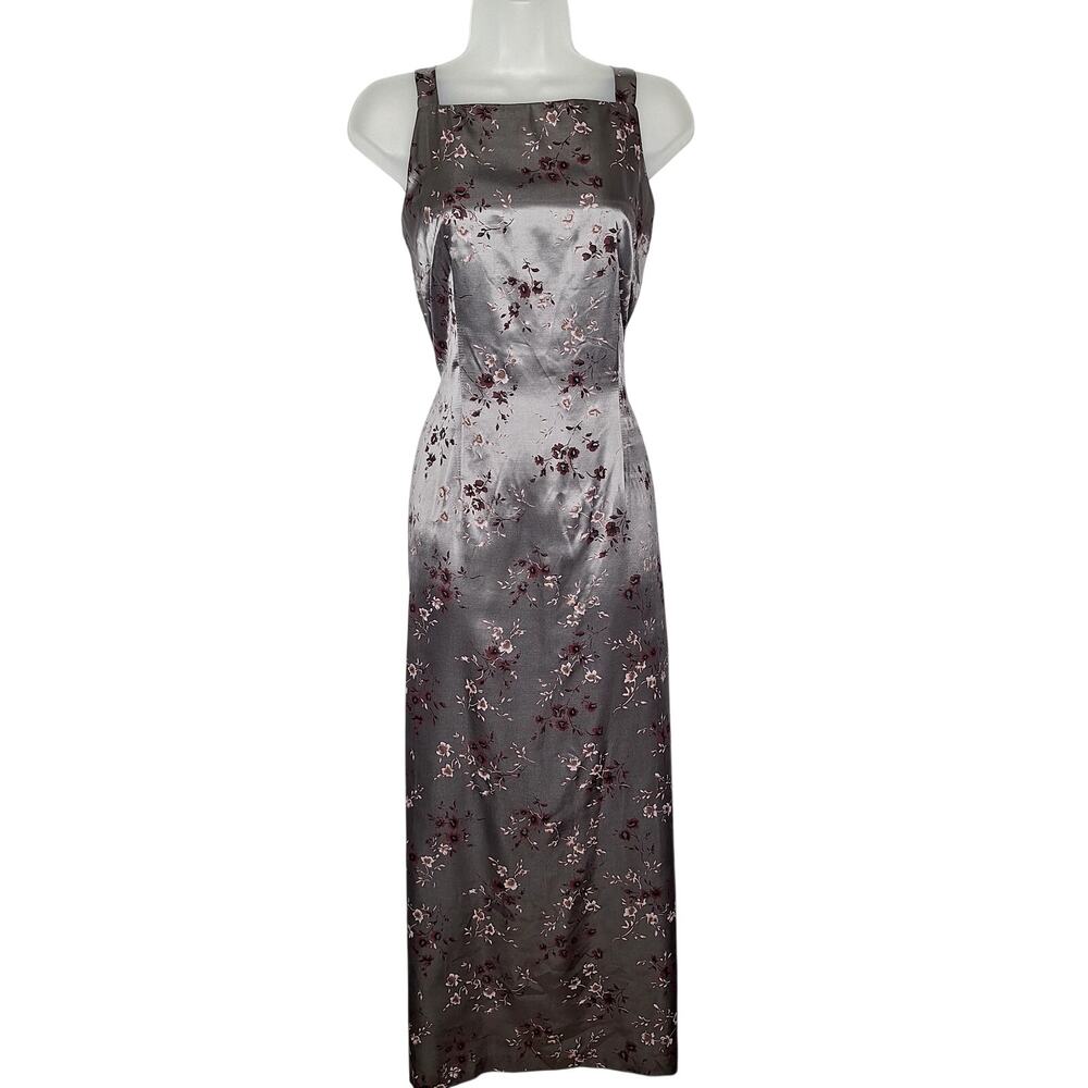 VTG 90s Y2K Satin Maxi Column Dress Floral Square Neck Prom HOCO Casual Corner